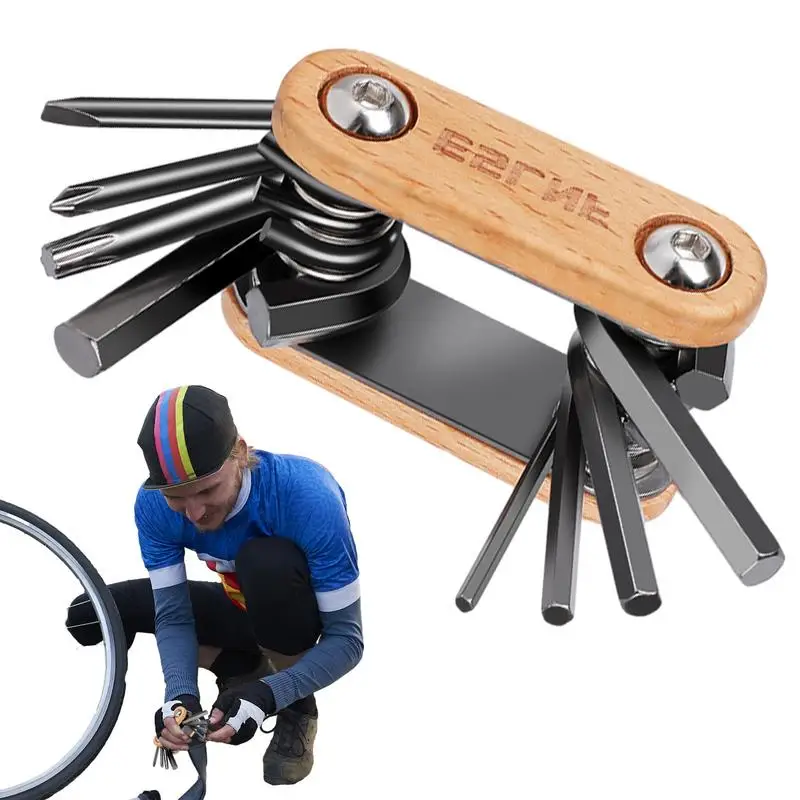 Bicycle Repair Tool Kit 8 In 1 Bicycle Multitool Side Screw Adjustment Foldable Stainless Steel Beech Wood Grip Side Screw