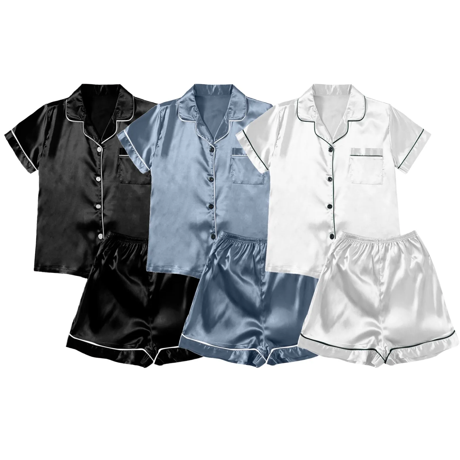 6pcs / Three Pair Summer Womens Silk Satin Pajamas Set Short Sleeve Shorts Two-Piece Pj Sets Sleepwear Loungewear Button-Shirts