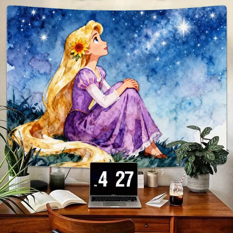 

1 шт., акварельный гобелен с длинными волосами Рапунцель, настенное искусство принцессы «Звездная ночь», мечтательный эстетический декор для спальни для девочек, подарок