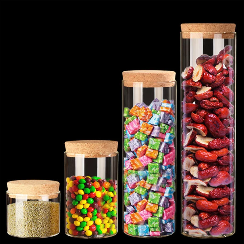 4pcs Dia 78mm 150ml-1000ml Large Transparent Glass Bottles Tubes with Cork Stopper Spice Jars Storage Bottles for Weding Favors