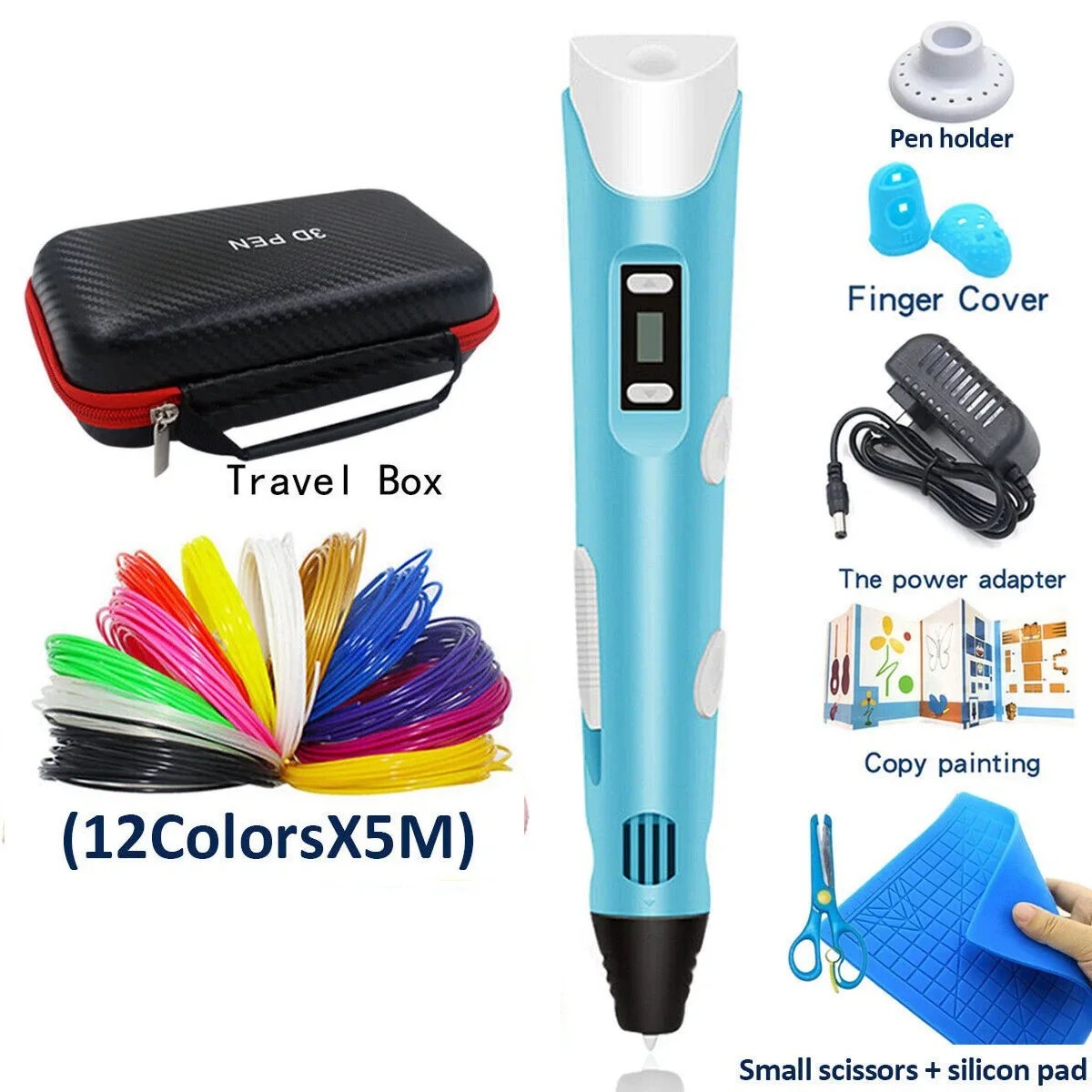 3D Pen DIY Accessory Kit, Silicone Drawing Stencil Mat, Heat‑Resistant Finger Sleeves, Storage Bag & PLA Filament Supplies