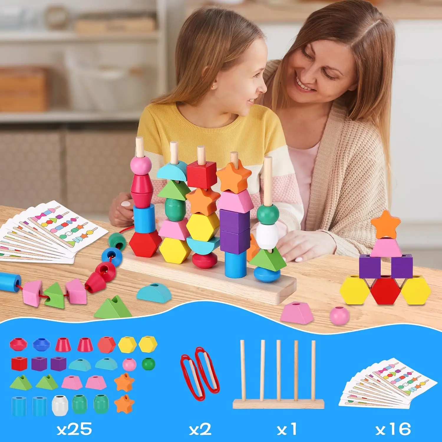 몬테소리 끈 구슬 시퀀싱 장난감 - 2-5세 유아용 나무 끈 구슬, 운동 능력 개발 장난감 (매칭 게임 포함), 모양