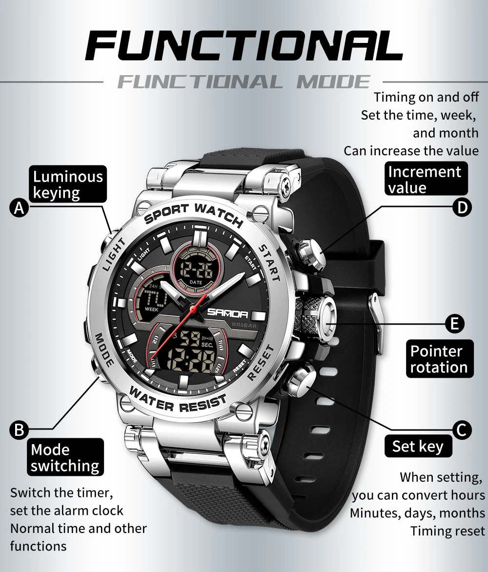 SANDA 6183 Elektronische Herrenuhr, personalisierte coole Uhr, G-Stil, Nachtlicht, Stoppuhr, wasserdichte Multifunktions-Herrenuhr