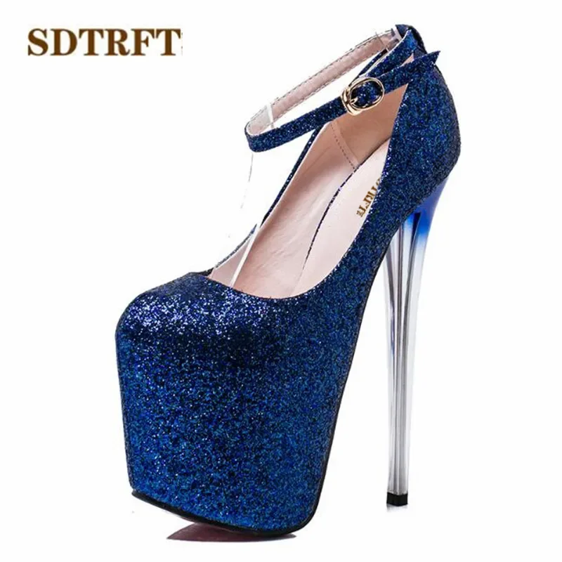 SDTRFT Crossdresser Stiletto 20cm Thin High Heels Female Shoes Woman Round Toe Sequined Platform Wedding Pumps Plus:47 48 49 50