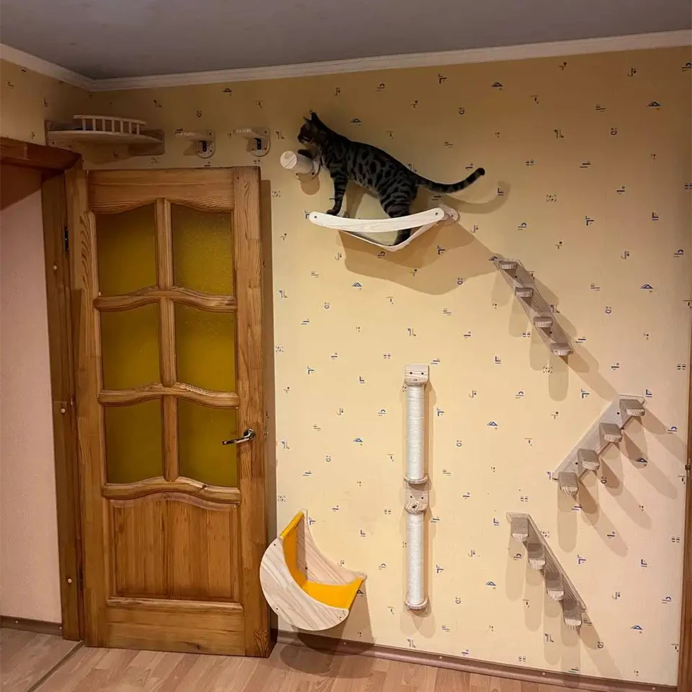 

Cat Wall Climbing Shelves Cat Hammock with Scratching Post or Stairway Ladder Pet Indoor Wooden Furniture Playing and Perch