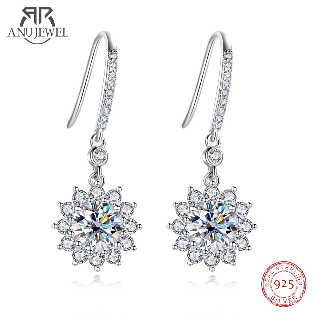 AnuJewel 1 Carat Sunflower D Color Moissanite Drop Earrings 925 Sterling Silve Flower Hook Earrings For Woman Gifts Wholesale