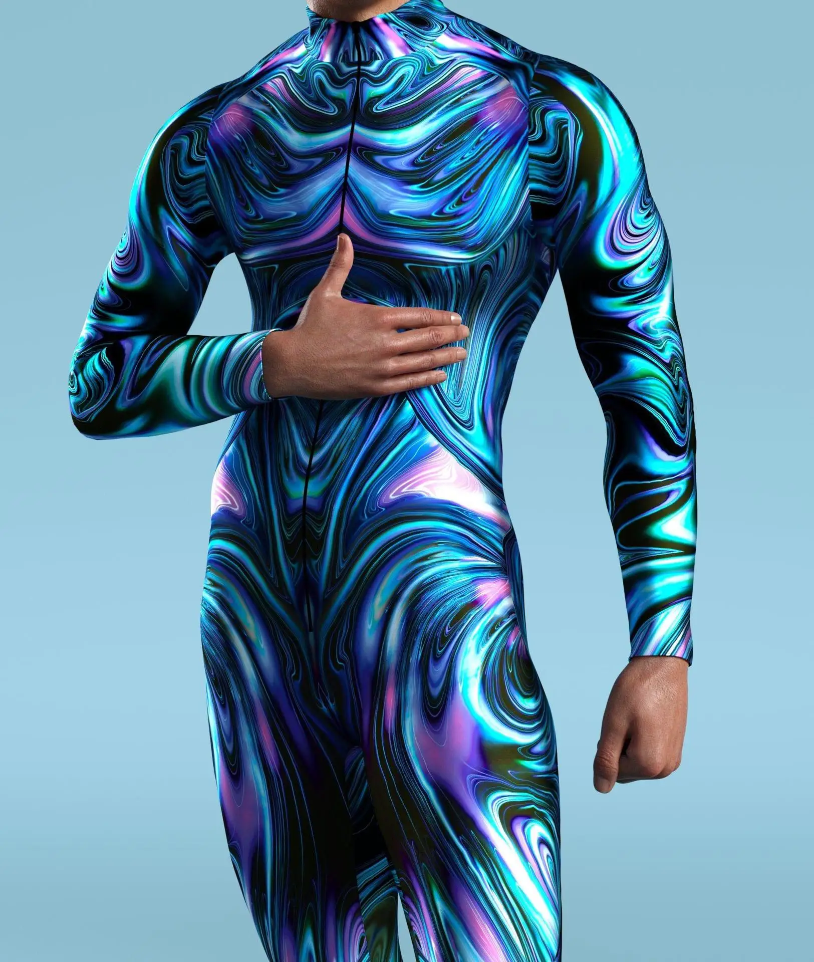 Mehrfarbiger Digitaldruck-Jumpsuit für Damen, Cosplay, Halloween, Karneval, Kostümparty, Performance, Reißverschluss, elastischer, schmaler Bodysuit – Detail 24