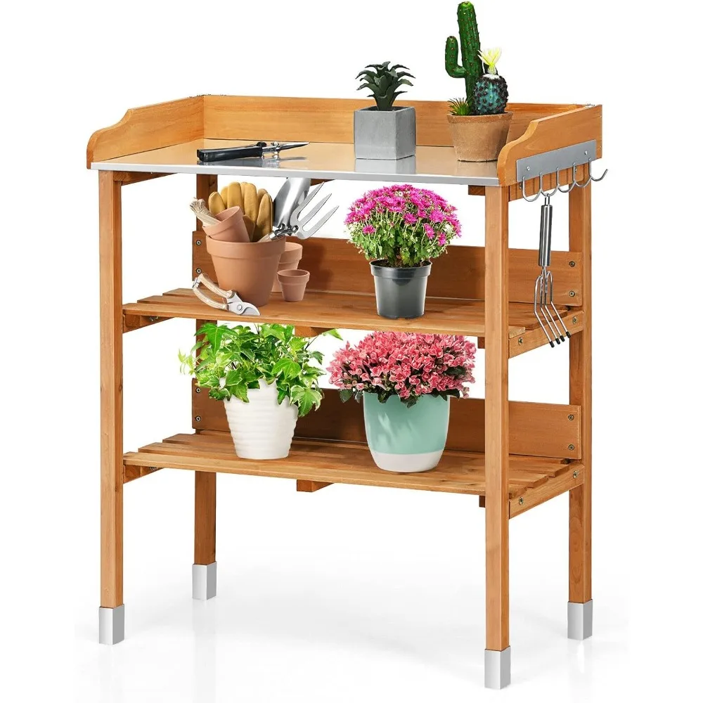 

Potting Bench, Work Station with Fir Wood Construction & Metal Tabletop, Garden Planting Table w/Open Shelves and Hanging Hooks