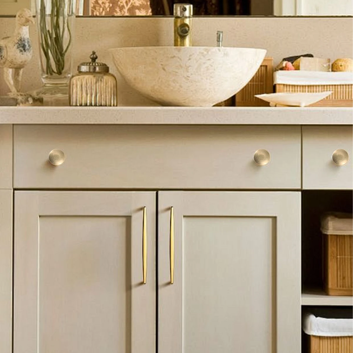 

12Pcs Round Antique Brass Kitchen Drawer Handles Yellow Brass Cabinet Pulls for Enhanced Home Decor
