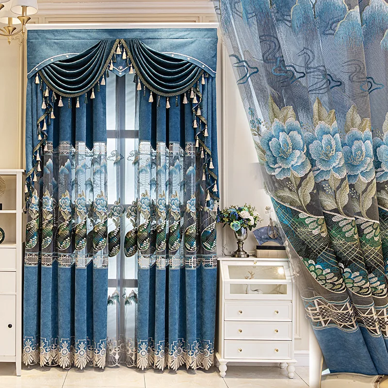 

Chinese Style Luxury Large Hollow Thickened Chenille Gold Thread Embroidered Blue Window Curtains for Living Dining Room Bedroom