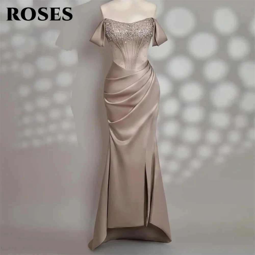 

ROSES Champagne Prom Dresses Off the Shoulder Lace Up Back Celebrity Dresses with Crystal Evening Dresses Mermaid Customized
