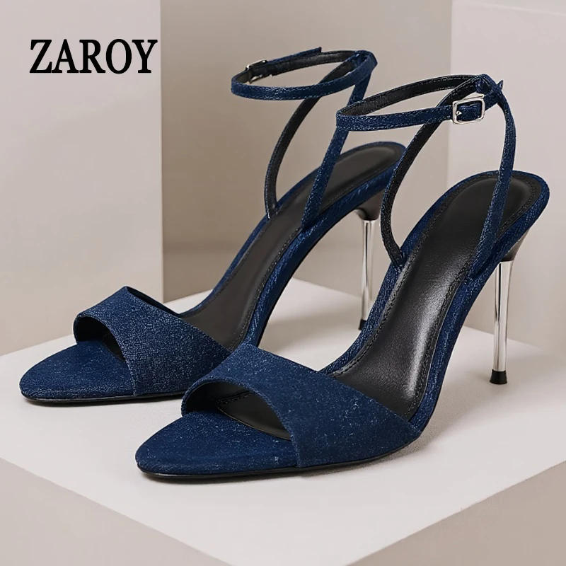 

Summer Designer Brand Sandals Open Toe Ankle Strap Buckle Thin High Heels Navy Blue Stilettos Denim Party Prom Dress Women Pumps