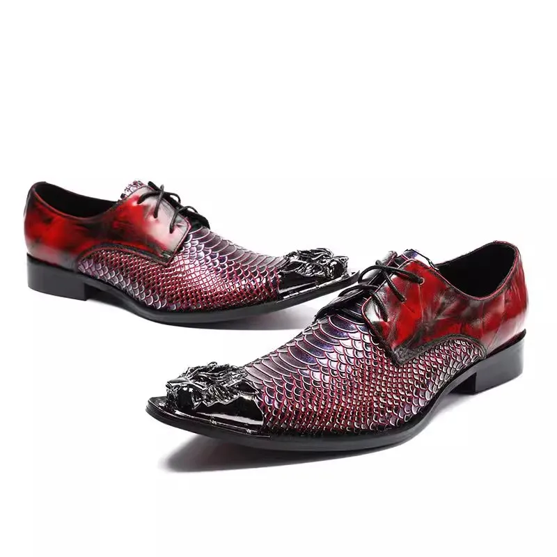 Mixed Color Snakeskin Pattern Splicing Men's Leisure Shoes Metal Pointed Toe Chunky Heel Shallow Lace-Up Loafers Male Oxfords