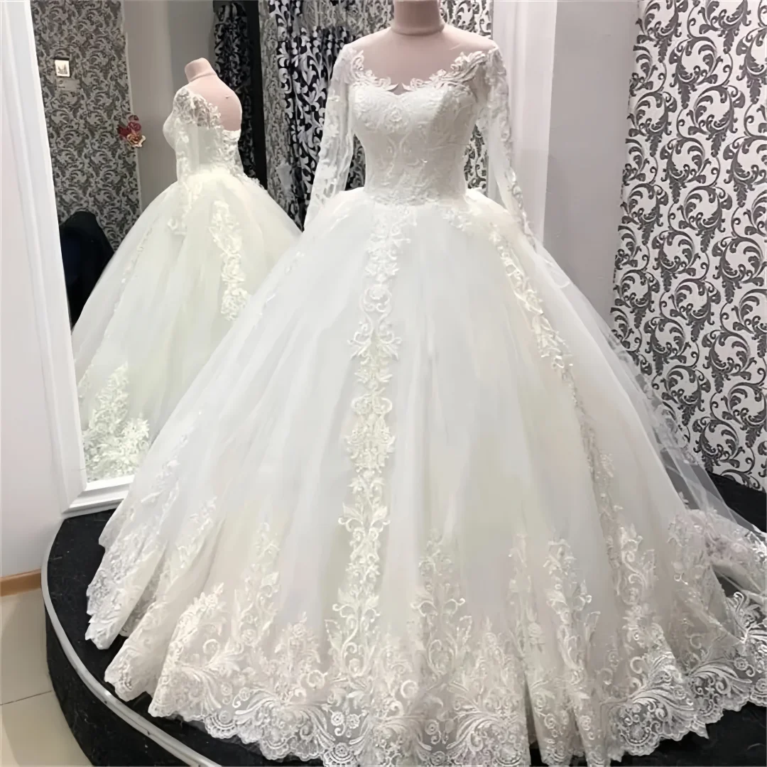 Customized Gorgeous Lace Sweetheart Appliques Bride Dress Long Sleeve Back Strap Ball Gown Wedding Dress  vestidos de novia