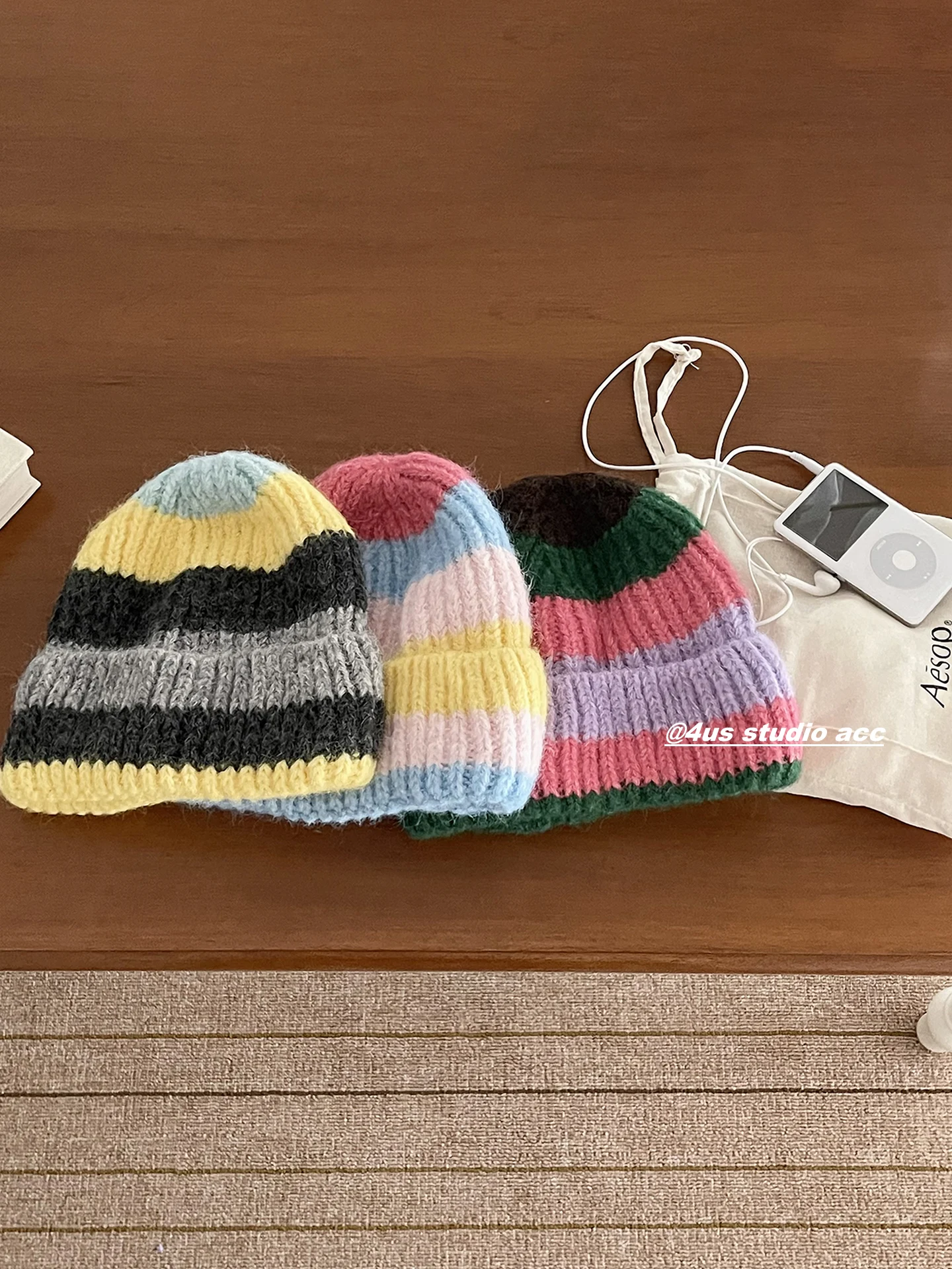 

Striped Color-Block Knitted Hat Autumn Winter Warm Ear Protection Beanie Cold Hat Wool Hat