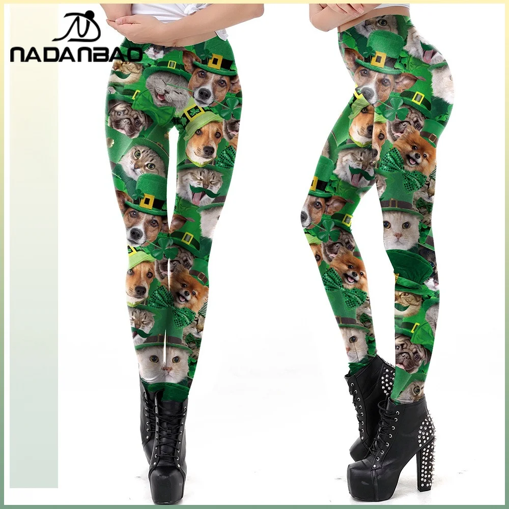 Nadanbao lindo sombrero verde perro gato estampado Leggings mujeres Casual pantalones finos suaves pantalones deportivos fiesta del Día de San Patricio medias divertidas