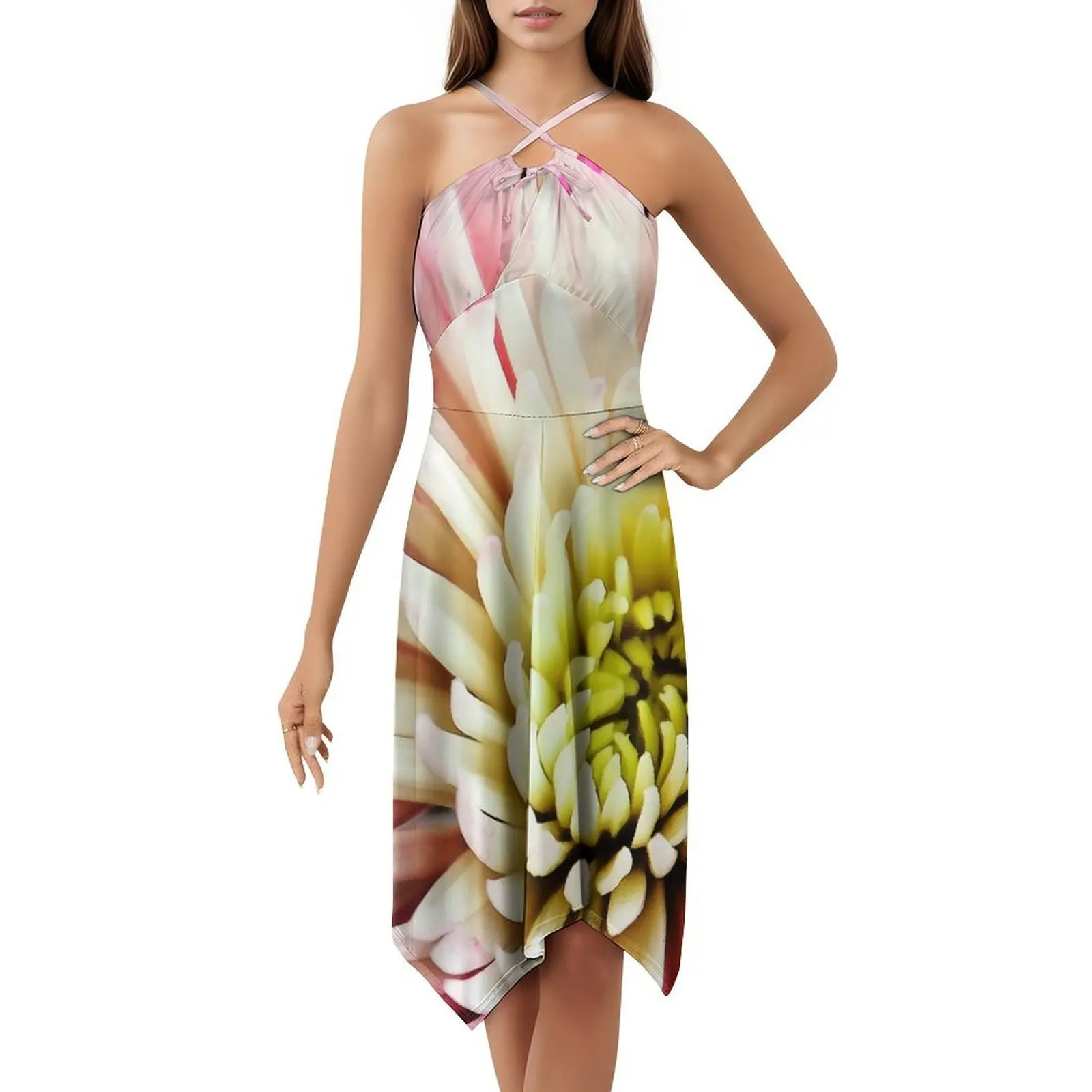 تتفتح زهرة الأقحوان البوهيمي بلا أكمام فستان متعدد الطباعة شاطئ عطلة فستان الحفلات زهرة الأقحوان تزهر