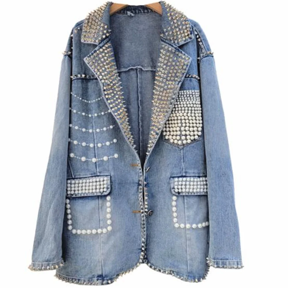 2022 autumn new rivet beaded blue denim jacket women\'s pocket casual coat