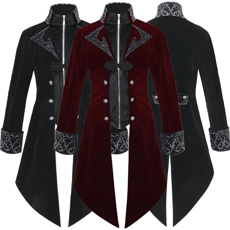 

2025 New Spring/Fall Flat Velvet Court Tuxedo for Men,Red Vintage Medieval Performance Costume,Halloween Roleplay Dress Jacket