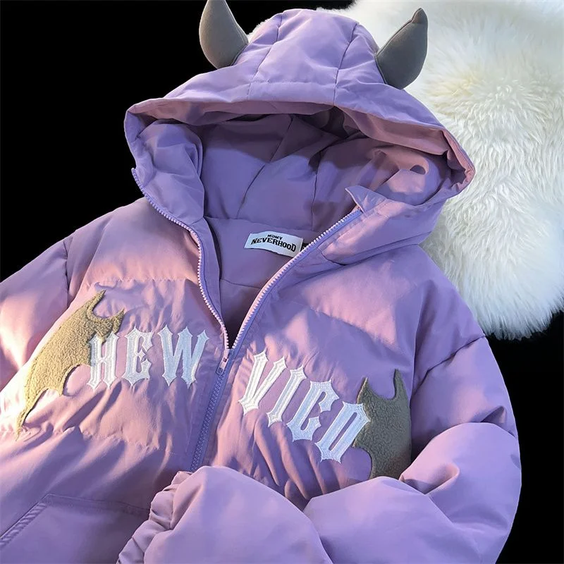 Hip Hop Goth Y2k Dark Devil Horn Embroidery Quilted Coats Thicken Warm Cotton Jacket Kawaii Winter Clothes Korean Couples Casual