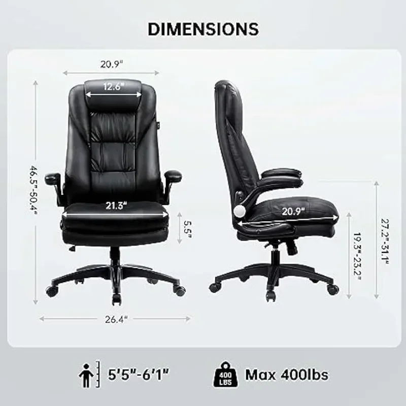 Simple Office Chair, Big And Tall Desk Chair 400lbs Wide Seat, High Back PU Leather Ergonomic Computer With Adjustable Armrest
