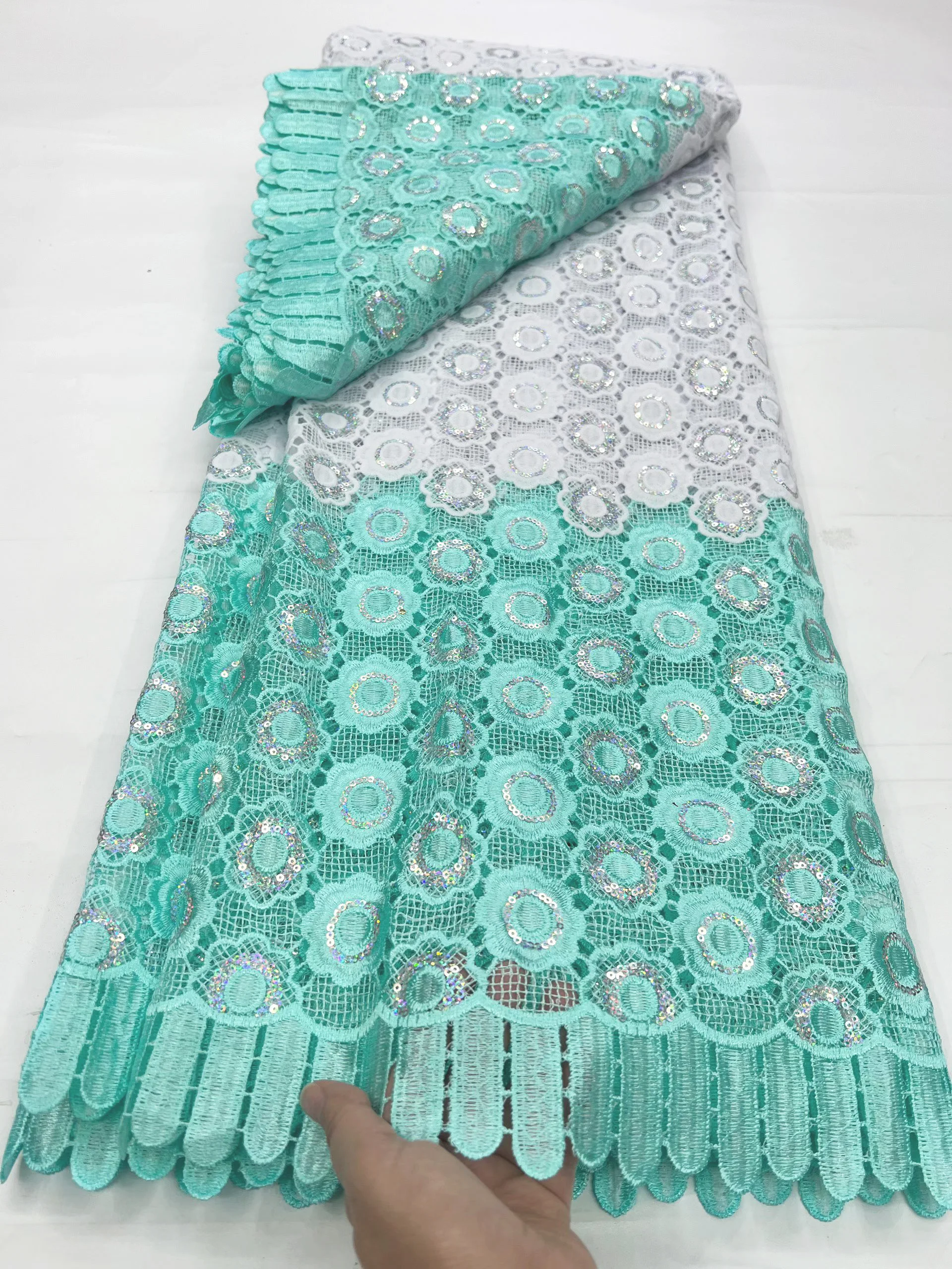

Latest Teal White African Guipure Cord Lace Fabric With Sequins 2026 High Quality Nigerian Water Soluble Lace Fabric KHD26106