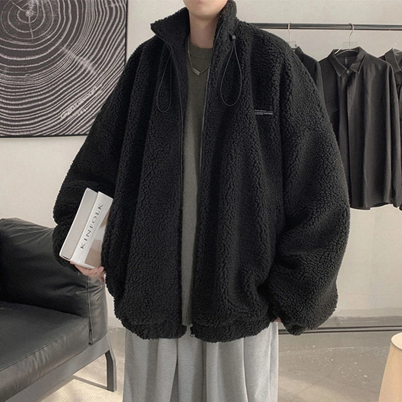 Winter Warm Lamb Fur Men Long Sleeve Sweatshirts Pocket Fashion All-match Simple Oversized Couple Clothing Coat Black Gray Blue