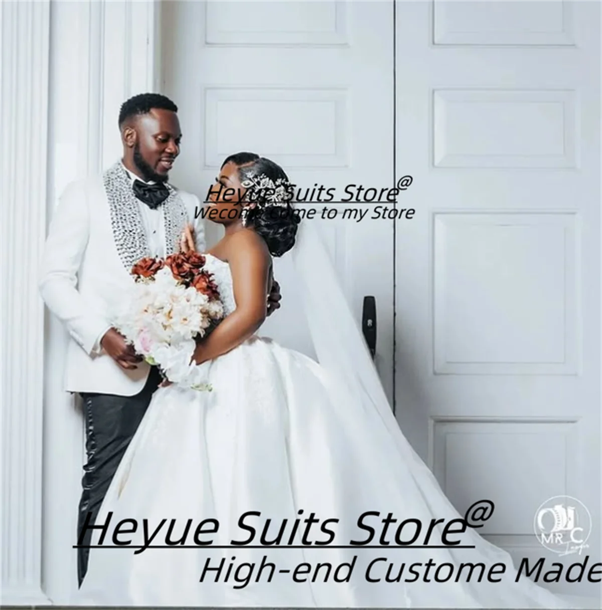 Customized Beaded Shawl Lapel Groom Wedding Tuxedos Elegant White Fashion 2 Pieces Sets Male Prom Blazers Handsome Ropa Hombre