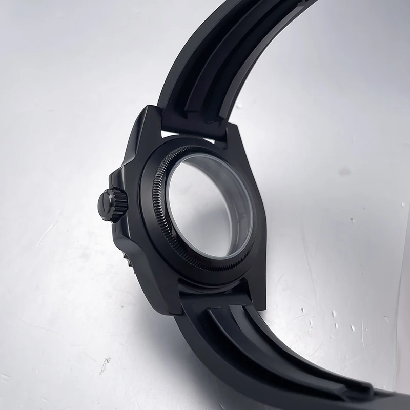 40mm NH35 Watch Case All Black Sub Style Rubber Strap Sapphire Crystal Stainless Steel Nh34 Nh36 Nh35 Nh38 Movement Watch Case