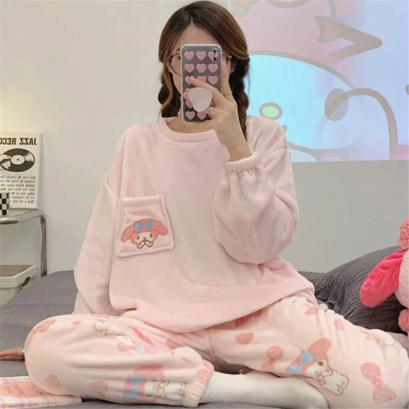 Sanrio Kuromi Hello Kitty Flannel Pajamas Suit Women Cute Anime Homesuit Winter Kawaii Cartoon Long Sleeve Pant Two-piece Set