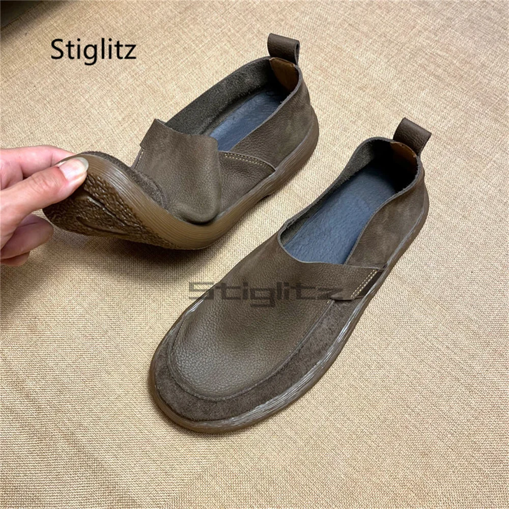 Men's Soft Sole Cowhide Shoes Casual Loafers Round Toe Leather Breathable Slip-On Comfortable Big Head Walking Leather Shoes