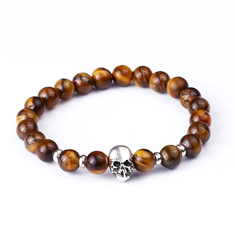 Antique Silver-Color Buddha Skull Head Bracelet Tiger Eye Black Lava Stone Skeleton Beaded Bracelets For Men Women Pulseras Homb