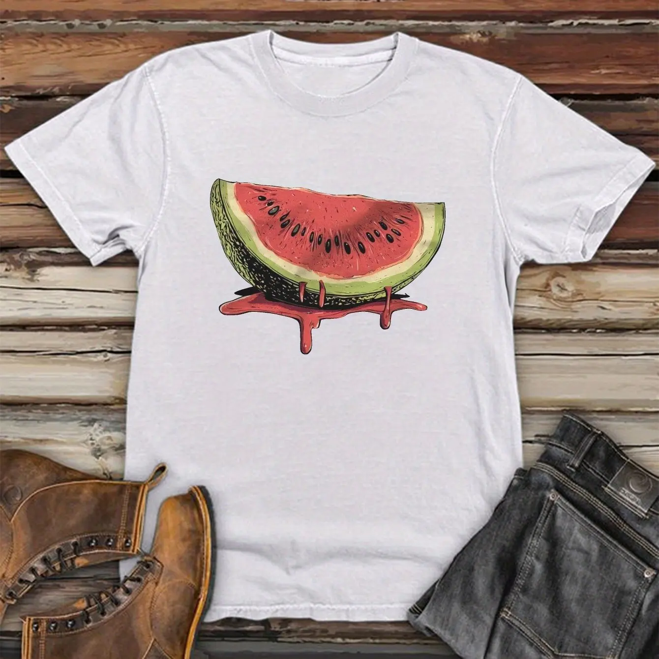 Men's Casual Short Sleeve T-Shirt Vibrant Watermelon Slice Print, Breathable Regular Fit Tee for Outdoor Activities Men Clothing