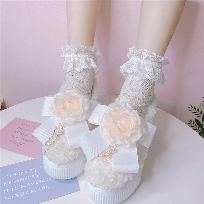 Thick Soled Hairy Shoes Winter Round Toe Shallow Mouth Sponge Cake Casual Shoes Lolita With Plush Flowers Vintage Cotton Shoes