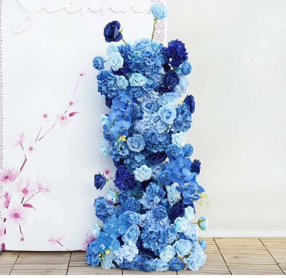 Luxury Royal Blue Wedding Backdrop Floral Arrangement Rose Hydrangea Orchid Floor Flower Ball Banquet Party Event Window Display