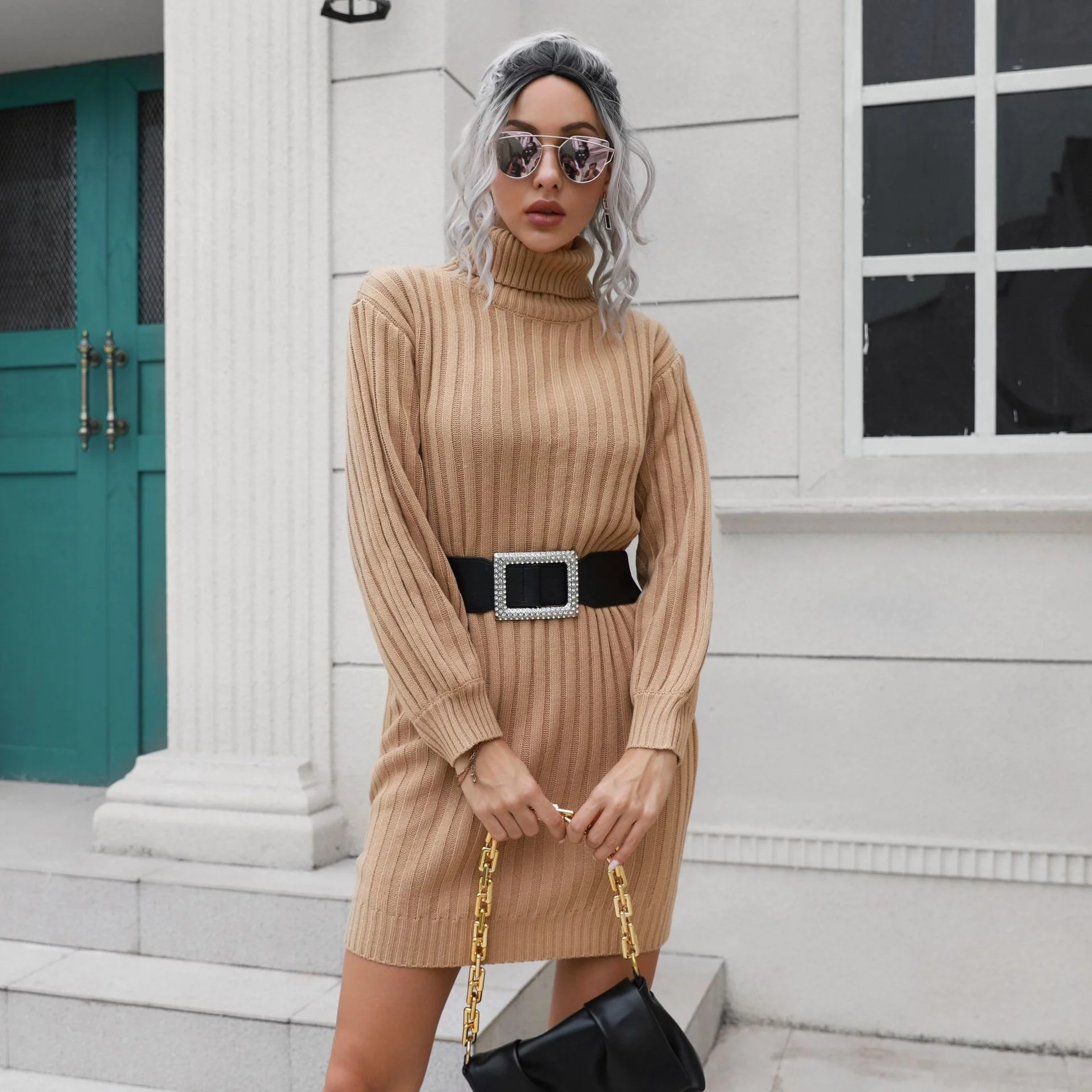 Autumn Winter New Women Pit Strip Turtleneck Sweater Skirt Lantern Sleeve Knitted Belt Short Stripe Dress Female Casual Clothing