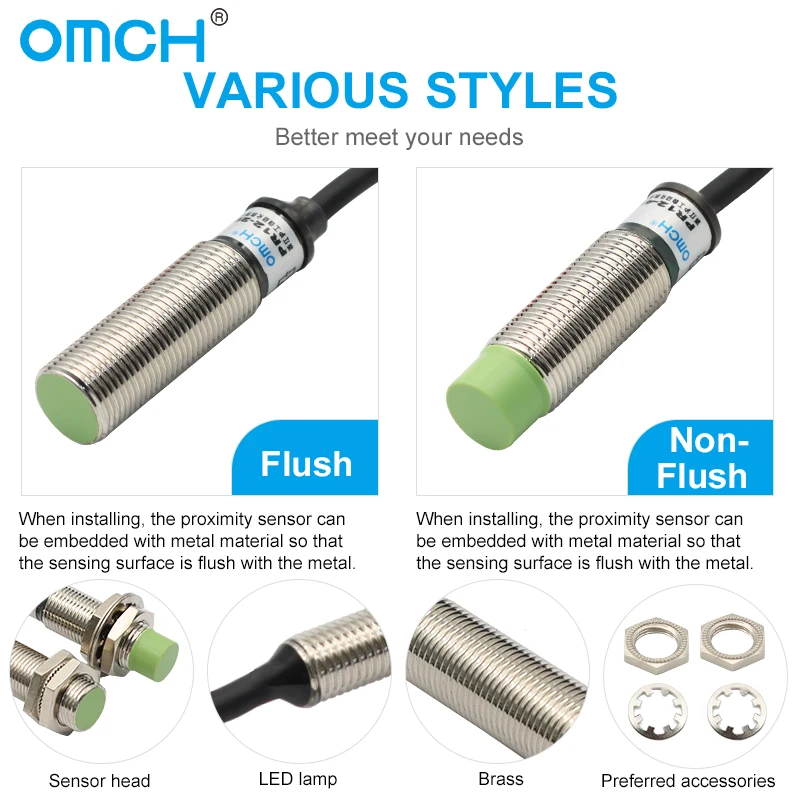 OMCH Otto Type Inductive Proximity Switch Sensor PR08 12 18 30MM Detection Distance 1.5/2 2/4 5/8 10/15mm PNP NPN NO NC