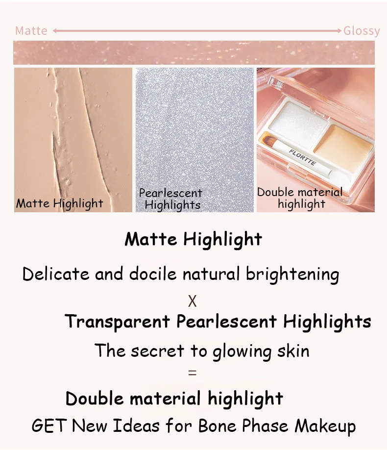 Flortte 2-color Cream Highlighter Powder Matte Glossy Double Texture Diamond Glitter Brighten Contour Palette Face Makeup