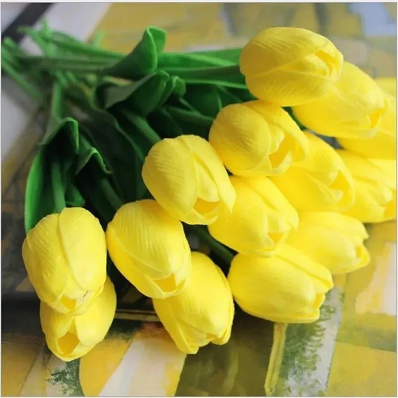 10pcs 29cm Yellow Tulip Simulation Feel Artificial Tulip Flower Home Room Decoration Garden Ornaments Wedding Props Fake Flowers