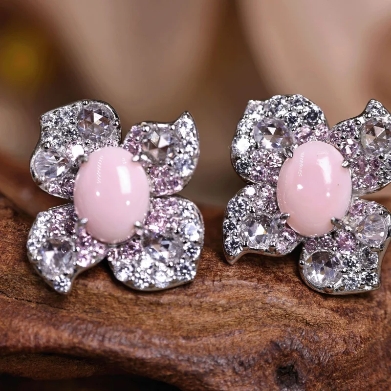 Bellux Conch Pearl 925 Silver Pink Deep Sea Shell Rouge Powder Oval shaped Earrings Flower Light Luxury Cute Earrings