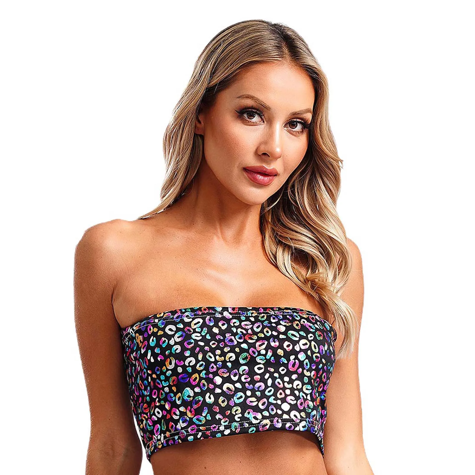 Womens Metallic Cheerleading Dance Crop Top Leopard Print Tube Top Strapless Stage Cheerleading Dance Performance Club Costume