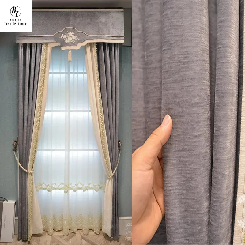 

Custom Size！！European Purple Lace Splicing Window Screen Chenille Thickened Curtains for Living Dining Room Bedroom Decor Window