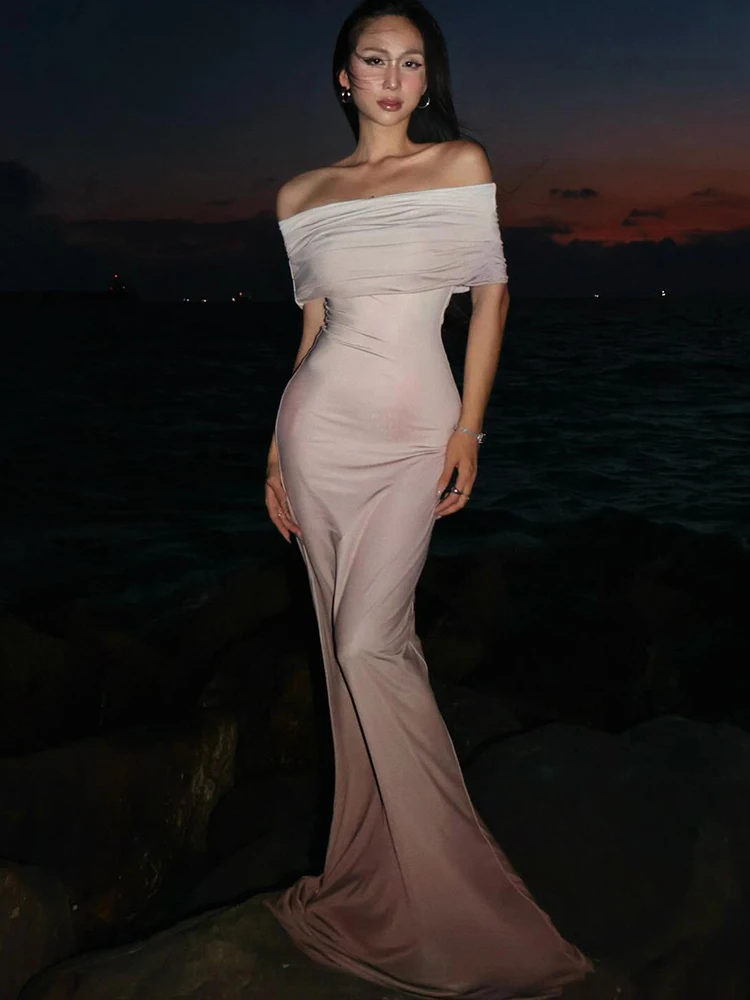 

Cutenew Stacked Off Shoulder Women Dresses Summer Classic Gradient Folds Body-shaping Maxi Vestidos Female Elegant Evening Robe