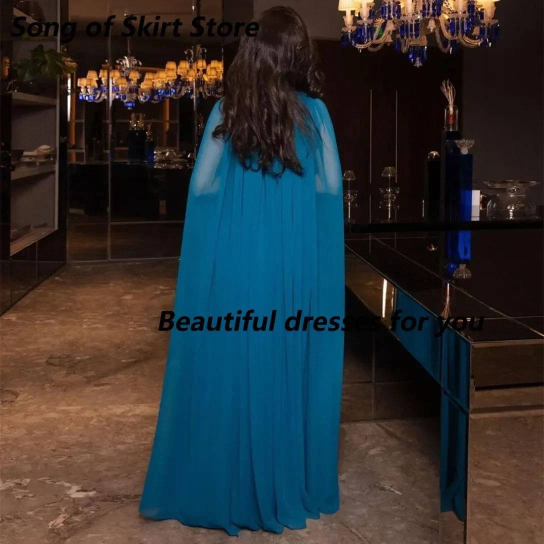 Customized Long Chiffon Blue Evening Dresses with Cape A-Line Halter Neck Pleated Floor Length Formal Occasion Prom Party Gowns