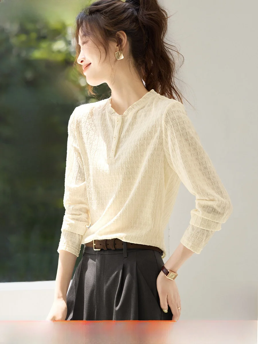 

Mehai Women's irt Wood ain Commute Sle Textured Layering Fall New Arrival French Sle Loose Fit Long Sve