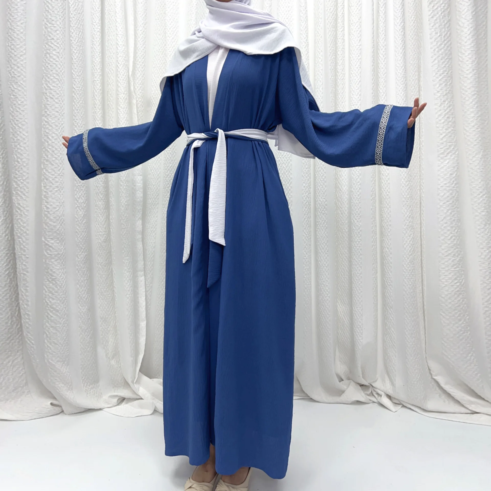 

Women Kimono Cardigan with Inner Dress Hijab Belt Muslim Sets Dubai Open Abaya Turkey Kaftan Kebaya Caftan Islam Jalabiya Suit
