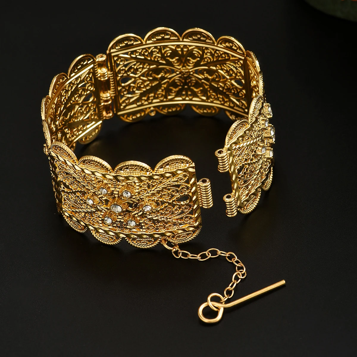 Arabic Bride's Jewelry Bracelet Engraved With Flower Patterns, Side-Opening Bracelet, Gold-Plated, Wedding Dress Wrist Ornaments image 2