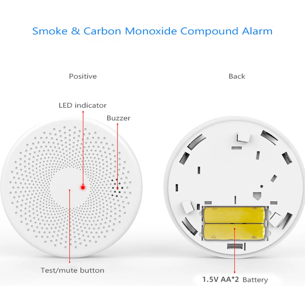 2 In 1 Tuya WiFi 2 In 1 Intelligent Smokes Carbon Monoxide Detector CO Gases Detectors Sound Flash Light Alarm Function Detector