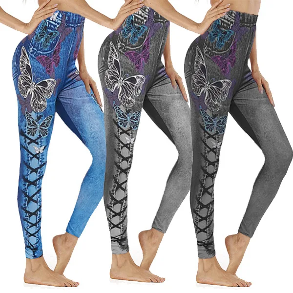 Ladies  Print Denim Sports Leggings Large Size Breathable Comfortable Mid-aged Women's Fashionable Base Layer Trousers