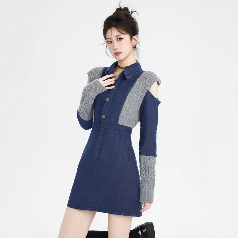 Korea Women Dress Denim Patchwork Vintage Short Dress Long Sleeve A-Line High Waist Mini Dress Vestidos